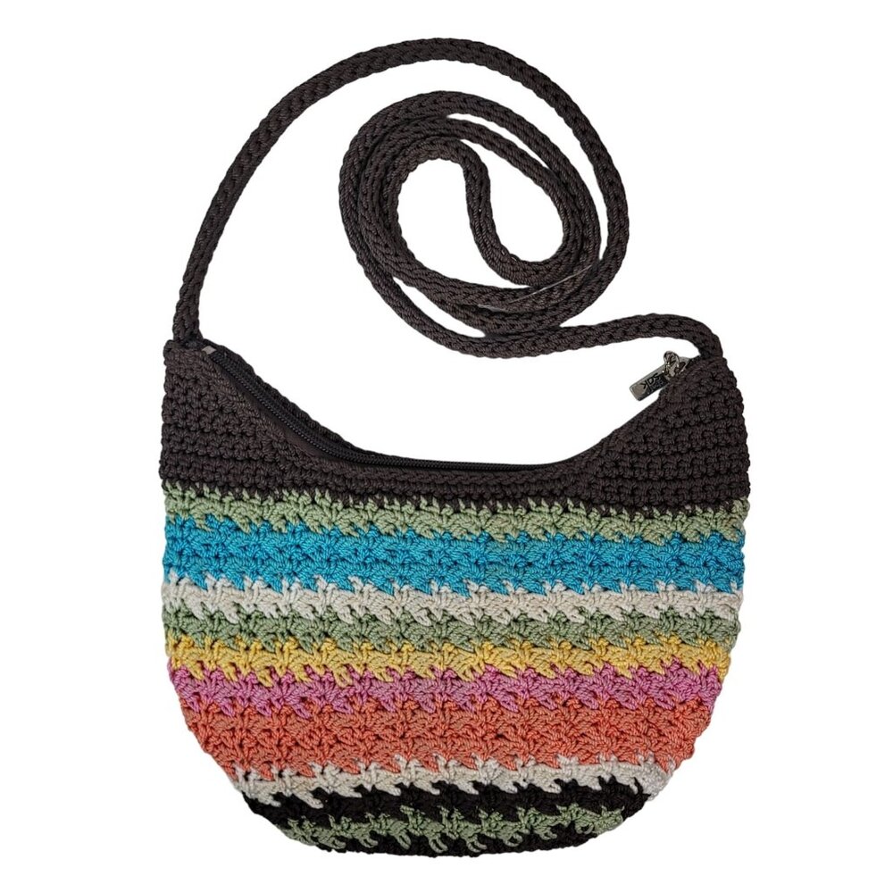 The Sak Riviera Shoulder Crossbody Bag Brown Stripe Zip Pocket Crochet Purse Boh